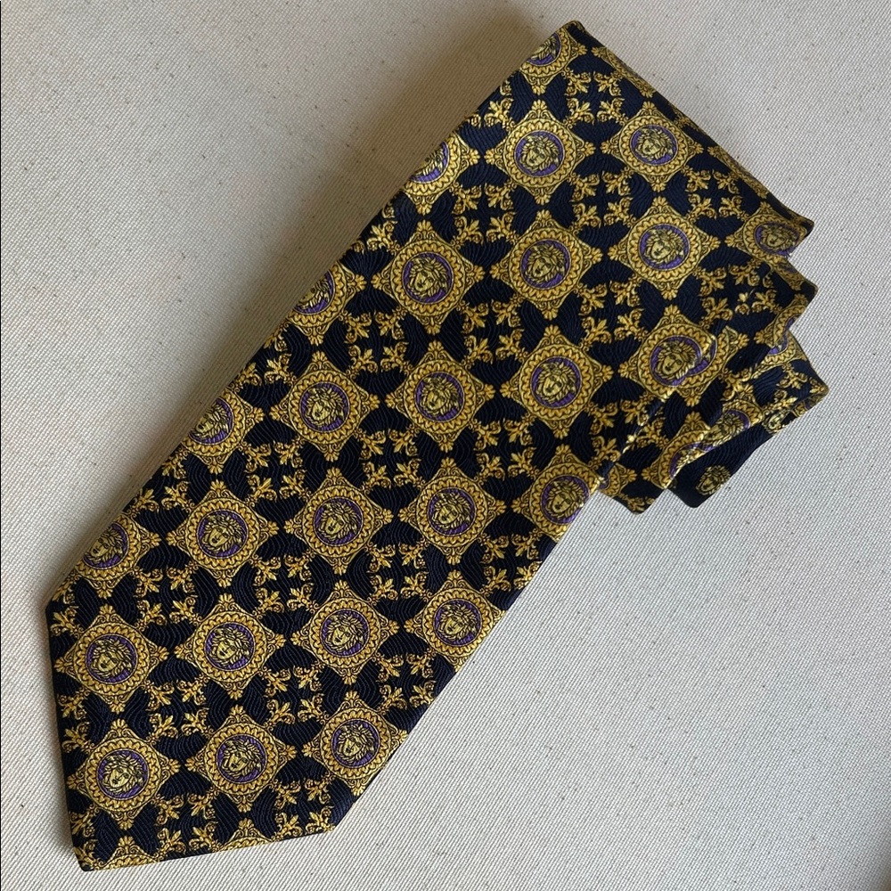 Versace Luxury Vintage Gold and Navy Medusa Geometric Silk Eclectic Grandpa Tie
